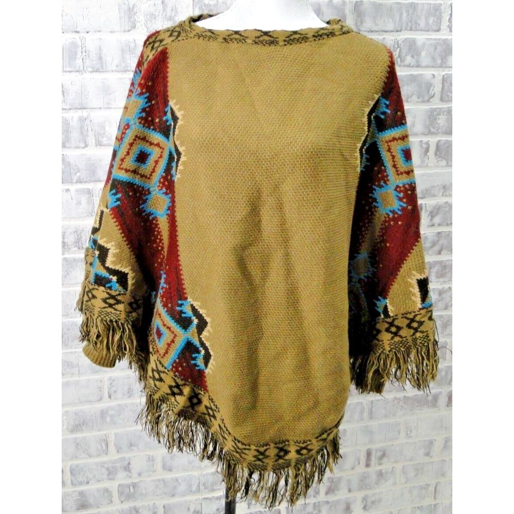 Mukluks Poncho-Brown with mutli-color Aztec‎ pattern